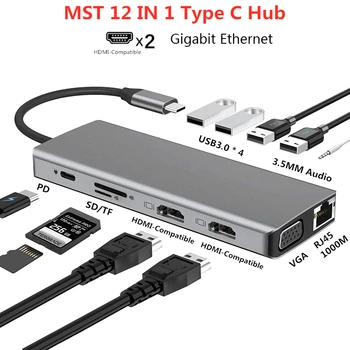Type C Docking Station MST Multi Hub Dual HDMI-Compatible RJ45 VGA USB3.0 Audio Adapter for MacBook Pro/Air Thunderbolt 3 Dock 1