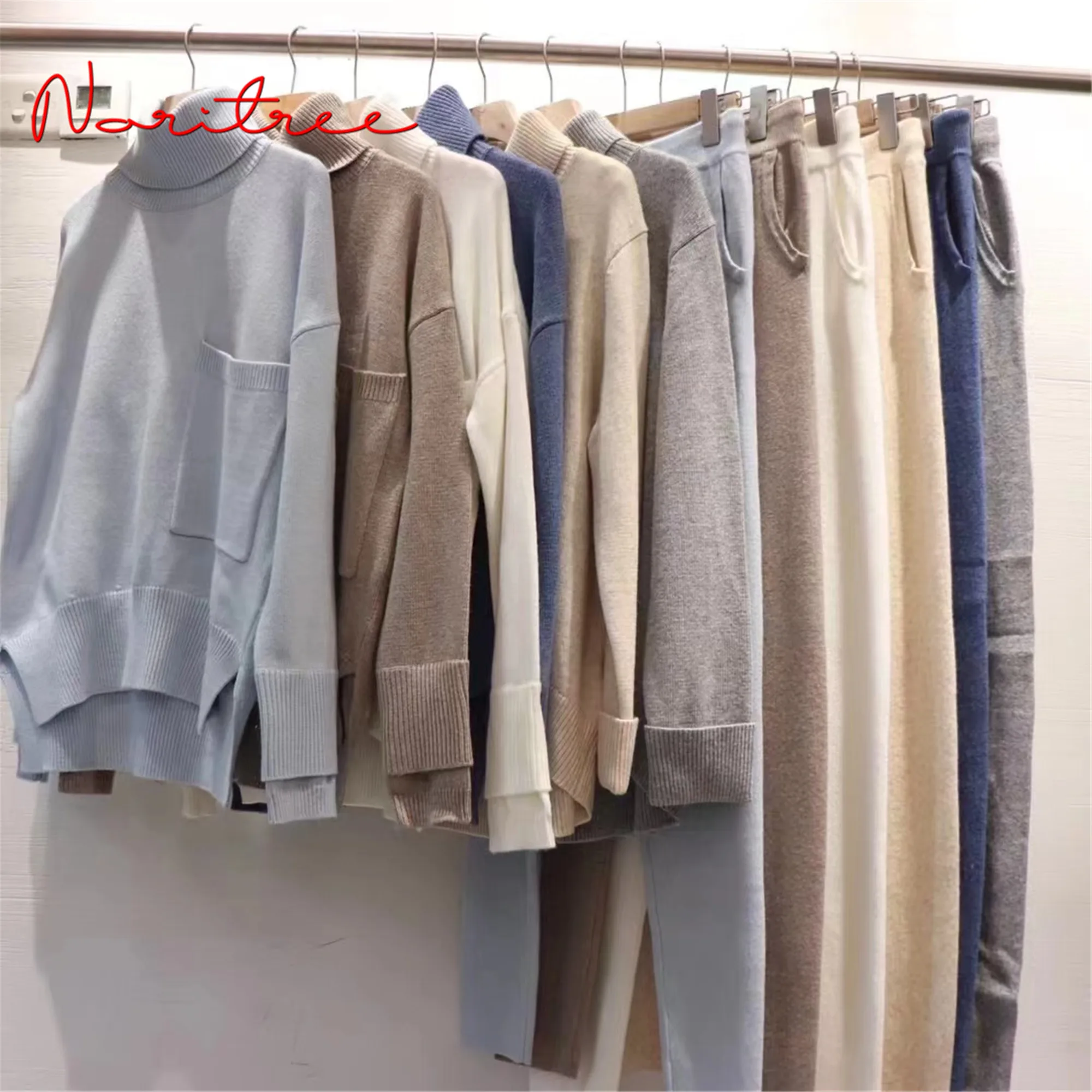 当店人気の限定モデルが再々々入荷☆ 女性用タートルネックとウールのパンツセット,女性用2ピースセット,青と緑,冬用 【メーカー希望小売価格から
