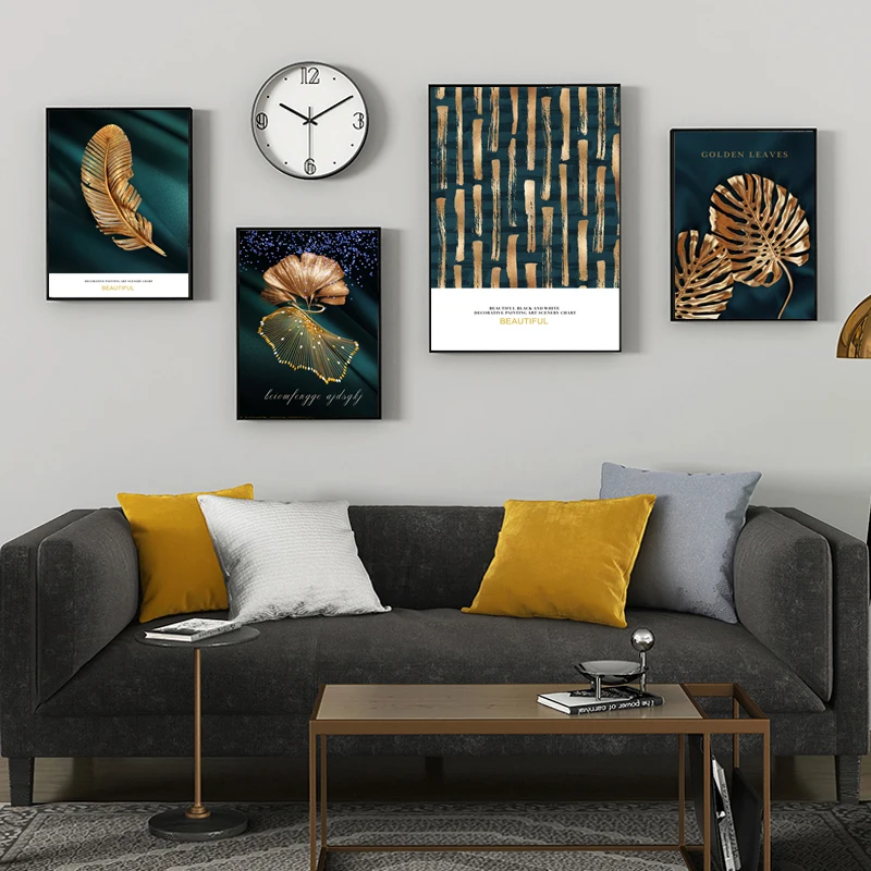 Modern European Simple Light Luxury Abstract Golden Leaf Plant Poster Creative Combination Dining Room Sofa Background Wall