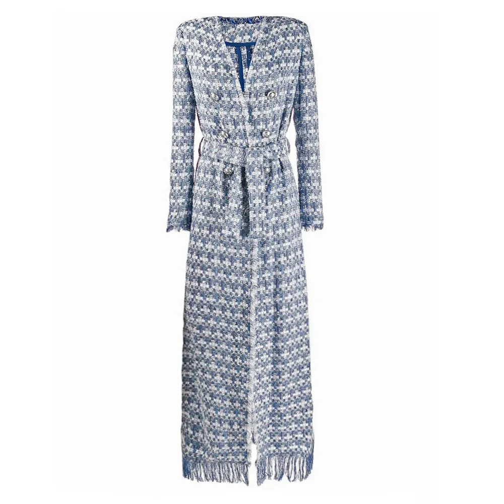 Autumn Winter Coat Women Double Breasted Tassel Tweed Coat Plaid Tweed X-Long Top Coats Belt Elegant Overcoat