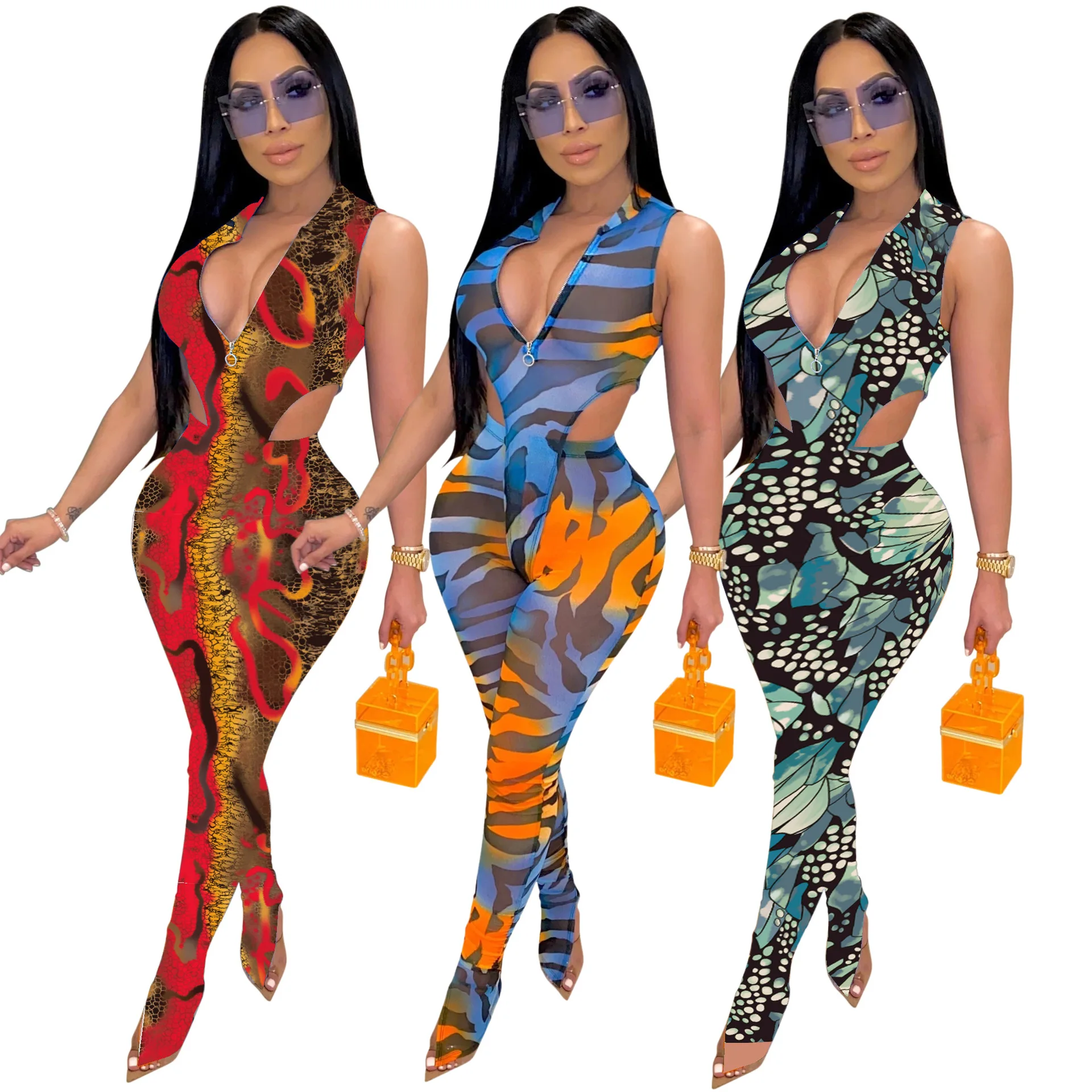 

Zoctuo Print Sexy Jumpsuits for Women Zipper V-Neck Jumpsuits for Women Sleeveless Hollow Out Women Sexy Jumpsuit Long Pants