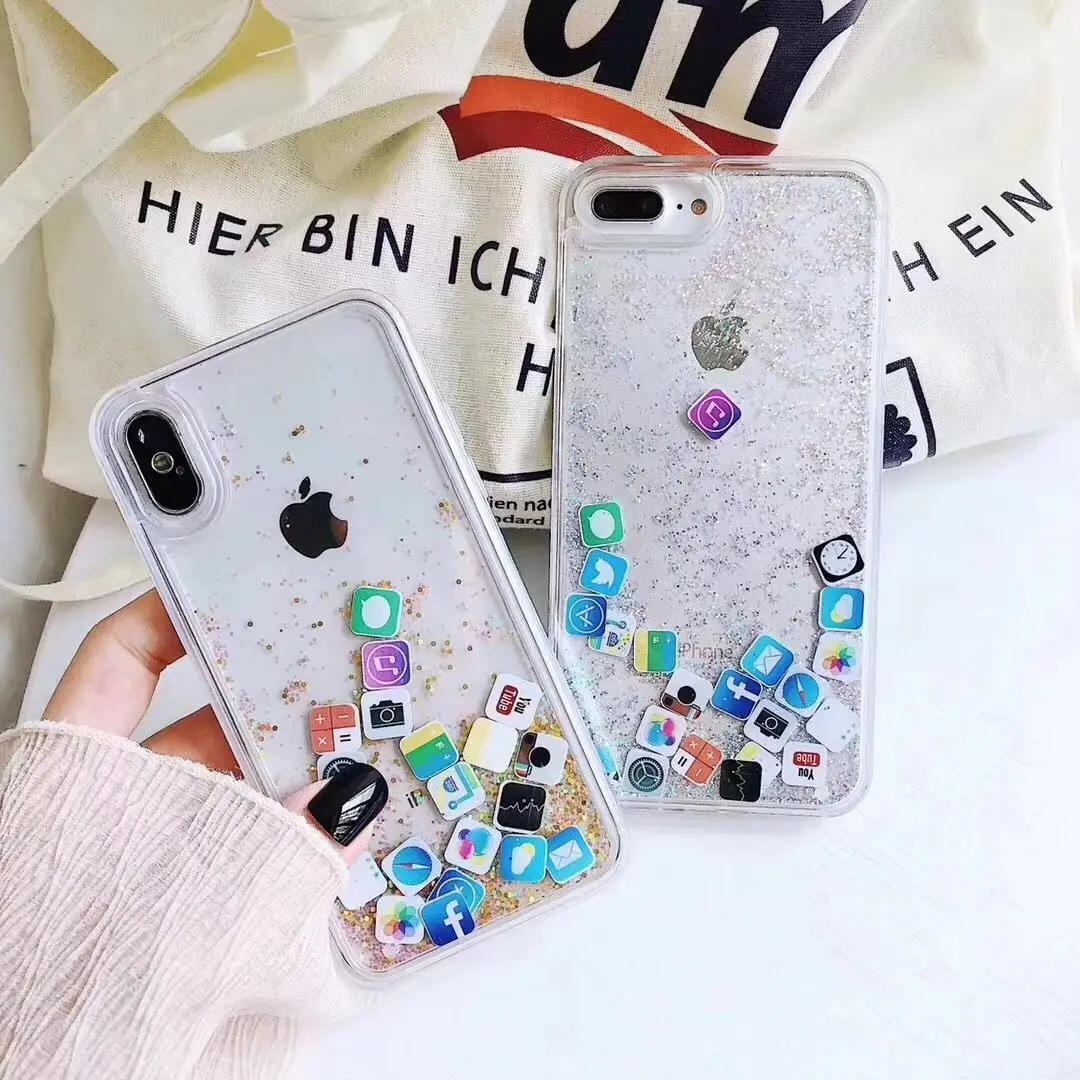 

Quicksand Shell For iPhone 7 X XR XS Max 9 10 Dynamic Liquid App Icon Hard PC Case For iPhone 8 Plus 6 6S 7 8 Plus Glitter Cover