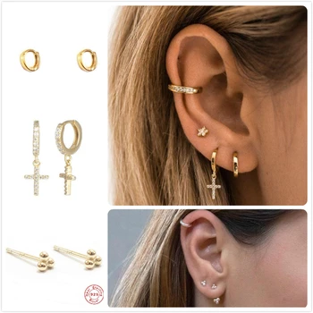 

Punk 925 Sterling Silver Earrings For Women Gold Zircon Earrings Girl Ear Bone Piercing Earring Men Cross pendants aretes R5