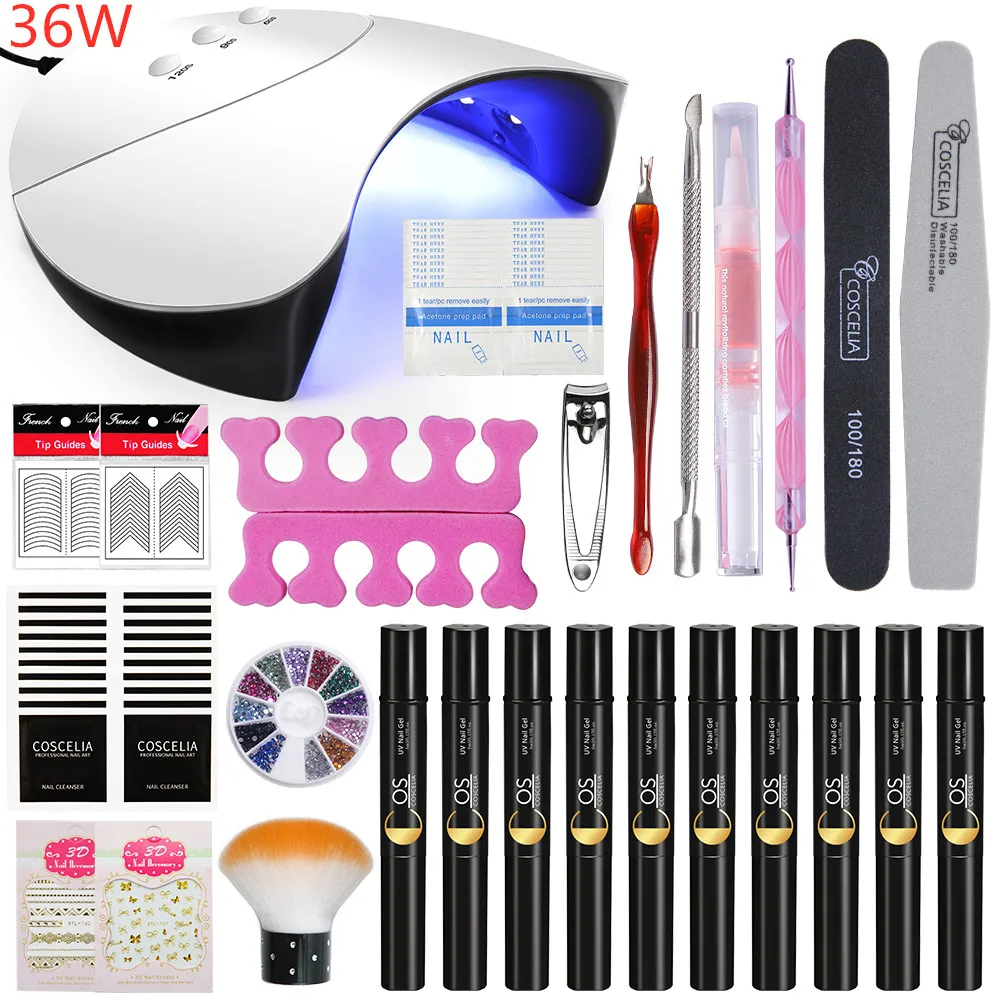 

COSCELIA Manicure Set 36W UV LED Nail Lamp Dryer 3 In 1 One Step Gel Pen Set Nail Polish No Need Top Base Coat Tools Nail Kit