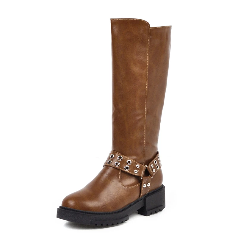 

Street winter warm plush riding boots rivets buckle zipper black gray brown thick medium with knee-high boots women's shoes