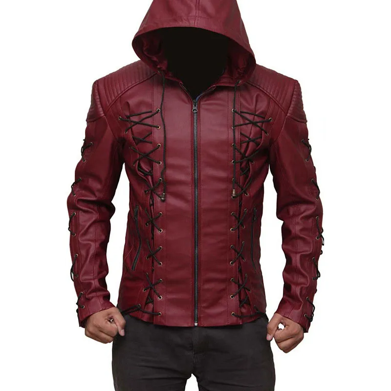 KIOVNO Men Leather Jackets And Coats With Drawstring Biker Faux Leather Hooded Jackets Coats For Male  (2)