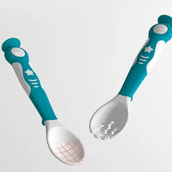 

Baby Feeding Tableware Bendable Spoon and Fork Set Practice Feeding Tools for Infant Kids (White, Blue)