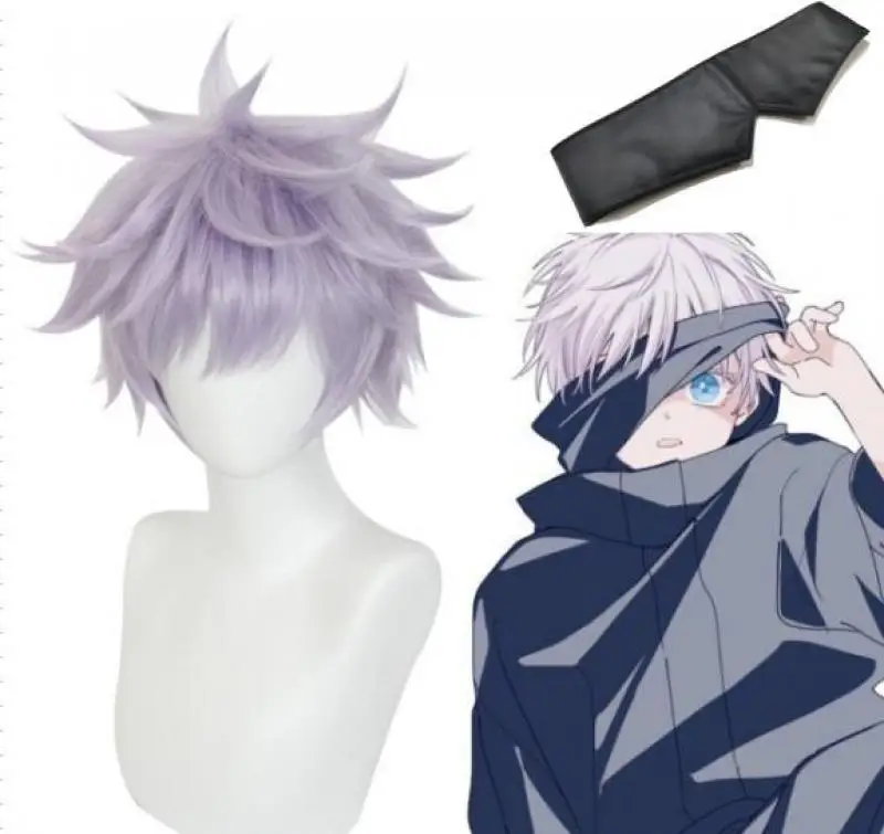 

Gojo Satoru Cos Black Soft PU Blinkers lavender Wig 2pcs Set Anime Jujutsu KaisenEyeshade Headgear Halloween Cosplay Accessory