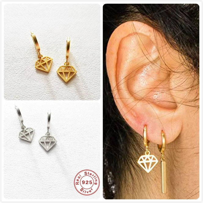 925 серебряные серьги для женщин, золотые кубические геометрические серьги для девушек, подарок на день рождения, Хрящевые серьги с ушками, женские серьги aretes R5