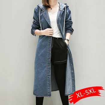 

2020 Autumn New Large Size Coat Women's Long Section Denim Windbreaker Hooded Jacket Female