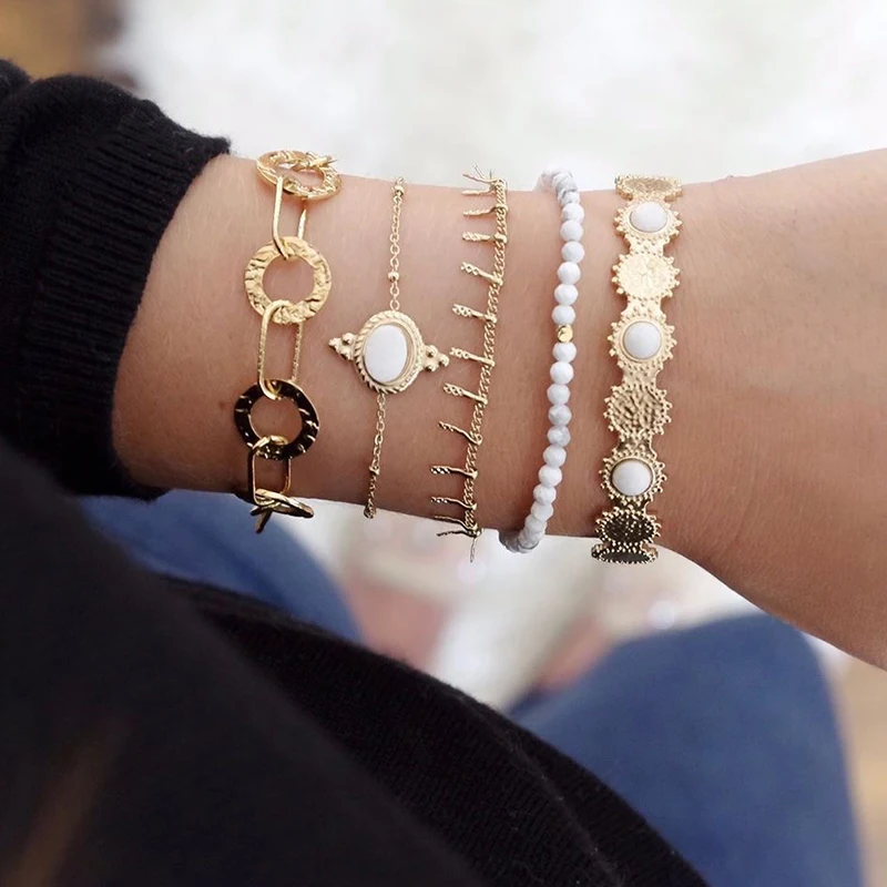 5 шт./компл. Для женщин Винтаж Браслеты ручной работы из бисера с геометрическим рисунком Gemst цепной золотой браслет комплект в богемном стиле пляжная ювелирные изделия аксессуары