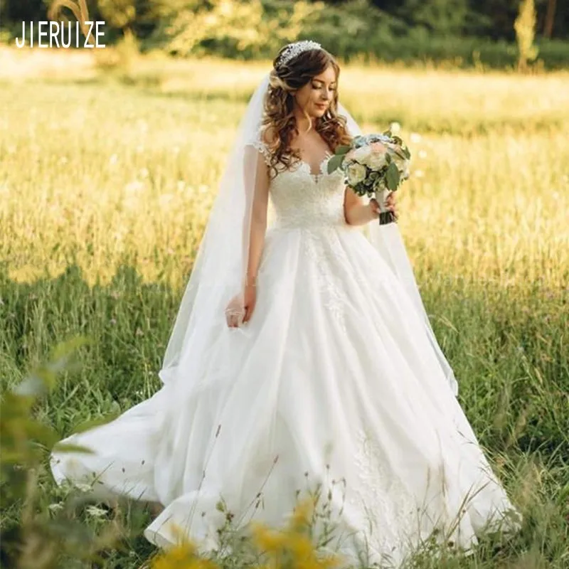 

JIERUIZE Modest Lace Wedding Dresses Off the Shoulder White Lace Appliques A Line Wedding Gowns Button Back robe de mariee