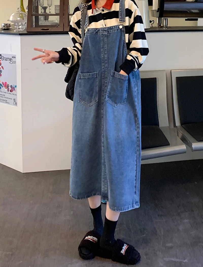 

SML 2024 Vintage women straps Long denim dess female Sleeveless Sundress Overalls Long jeans tank dress womens(L8826