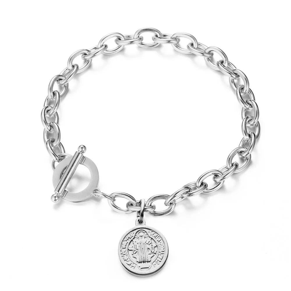 Silver color Христианская Католическая монета из нержавеющей стали бирка цепочка из звеньев с шармом браслет круглые браслеты для верующих для женщин мужчин Пасхальный день подарки - Окраска металла: Silver color
