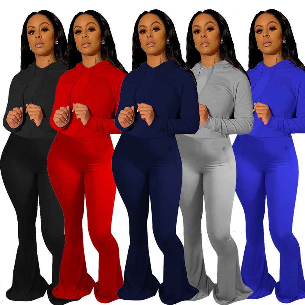 New Active Wear Women's Set Hooded Tops Wide Leg Flare Bell Bottom Pants Suit Tracksuit Sport Two Piece Set Fitness Outfits