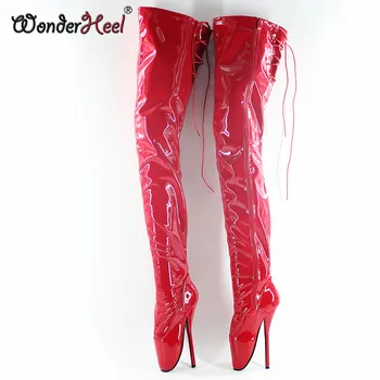 

Wonderheel New 18cm heel Extreme high Heel sexy black patent women thigh high boots lace up at back crotch ballet boots