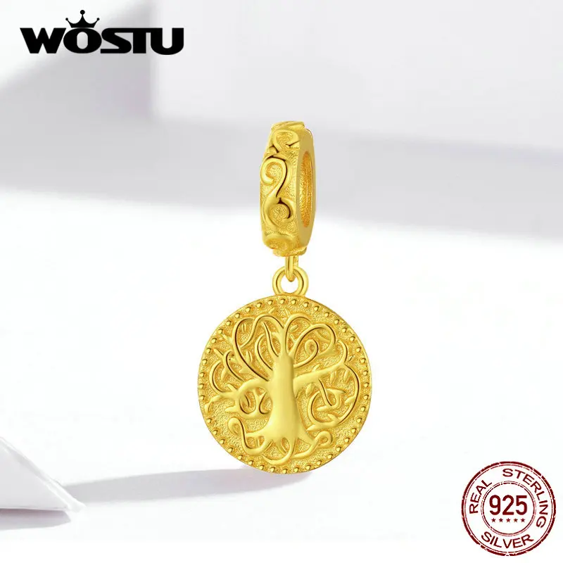 Женские Подвески WOSTU Tree of life из стерлингового серебра 925 пробы с золотыми бусинами