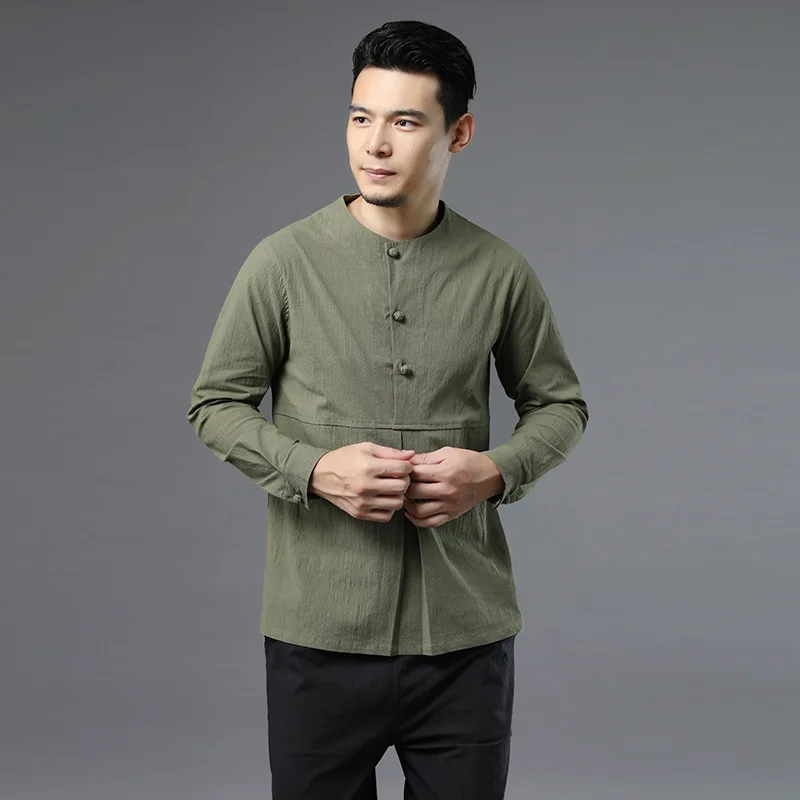 

China Wind System Buckle MEN'S T-shirts Autumn New Style Cotton Elastic Three Button Slim Fit Tops Men's Nation Clothing