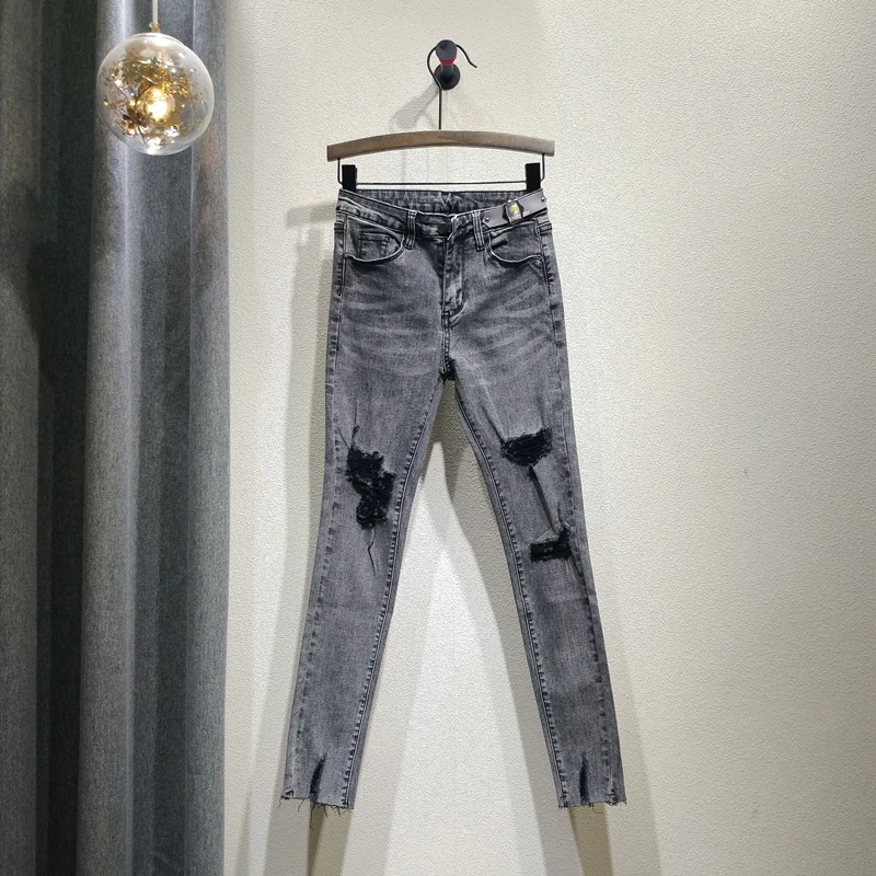 

Smoky Grey Jeans for Women High Waist Ripped Holes Jean Pants New European Hole Burrs Stretch Slim Pencil Pants Jeans