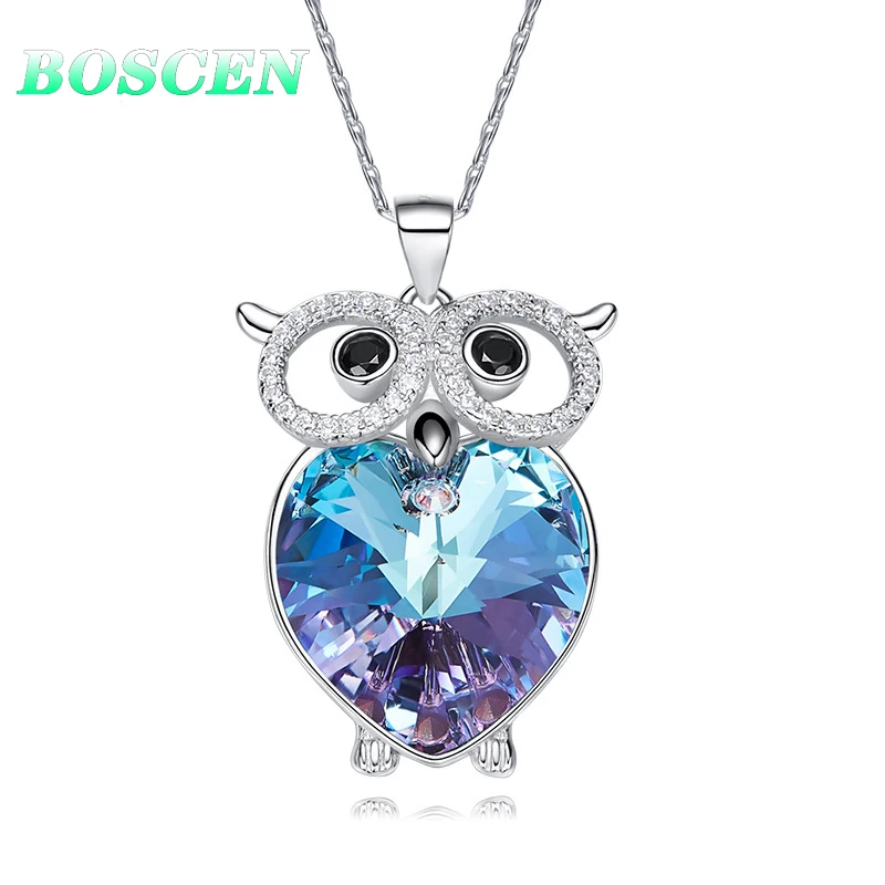 BOSCEN 925 Sterling Silver Pendant Necklace For Women Birthday Gift Colorful Owl Embellished With Crystals From Swarovski
