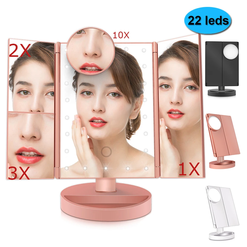 

Makeup Mirror 22 LEDs Touch Screen Desktop Makeup 1X/2X/3X/10X Magnifying Mirrors Vanity 3 Folding Adjustable brightness