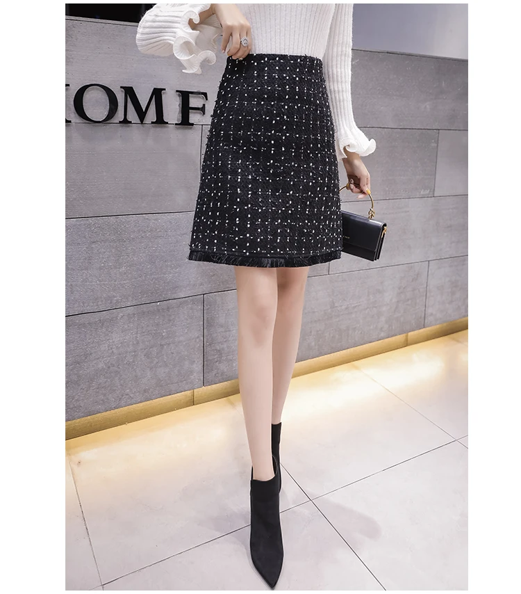 Осенне-зимняя твидовая шерстяная юбка для женщин в Корейском стиле с кисточками миди шерстяная клетчатая юбка Harajuku Студенческая плюс размер черная Saias