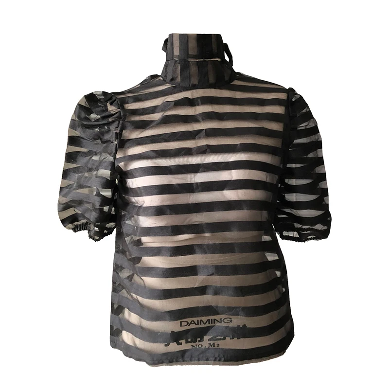 Прозрачная сетчатая прозрачная блузка для женщин с пышными рукавами в полоску, летние топы, модная уличная одежда, водолазка, Женские топы и блузки