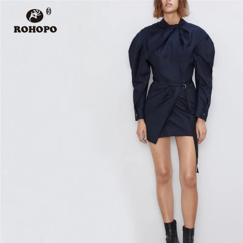 

ROHOPO Puff Long Sleeve Knot Neck Turn Down Collar Cotton Mini Dress Back Buttons Fly Draped Hem Drawstring Waistband Robe #2381