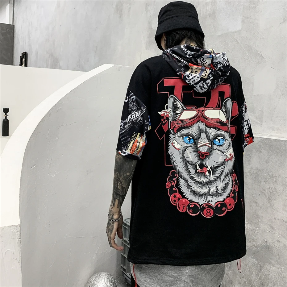 Новинка, лоскутное худи, футболки для мужчин, уличная одежда, Harajuku, принт с кошкой, футболка с коротким рукавом, хлопок, хип-хоп, летние топы, футболки, HT062