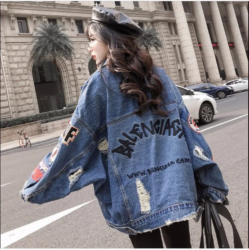 price reduction 2019 Harajuk Loose Denim Jacket Women Embroidery Jeans Coat Hip Hop Hole Single Breasted Jeans Jack