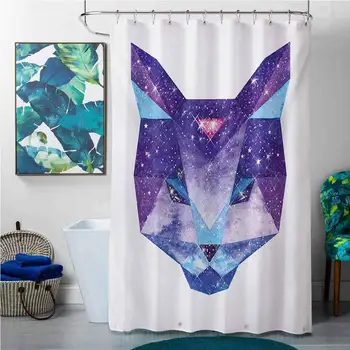 

Shower Curtains for Bathroom Girls Space Cat,Kitty Head in Geometrical Lines with Star Cluster Cosmology Image,White Sky Blue