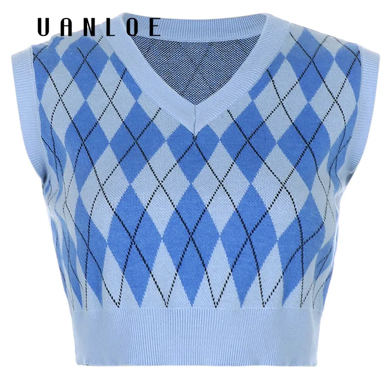 

Argyle Plaid Knitting Sweater Tank Top Streetwear England Preppy Style Vintage 90s Vest Casual V-neck Knitwear Clothing