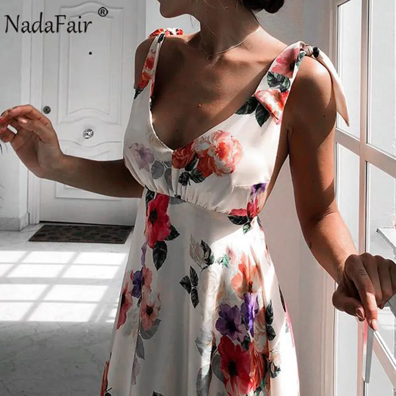 Nadafair, Платье макси с цветочным принтом, Vestidos, сексуальное, с открытой спиной, v-образный вырез, на бретельках, летнее пляжное длинное платье, женское, бохо платье