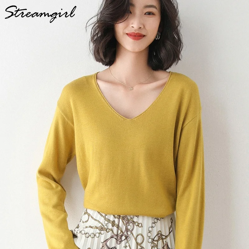 Autumn Thin Sweaters For Women Loose Pull Femme Winter Knitted Pullover Oversize Women's Sweater V Neck Woman Plus Size | Женская