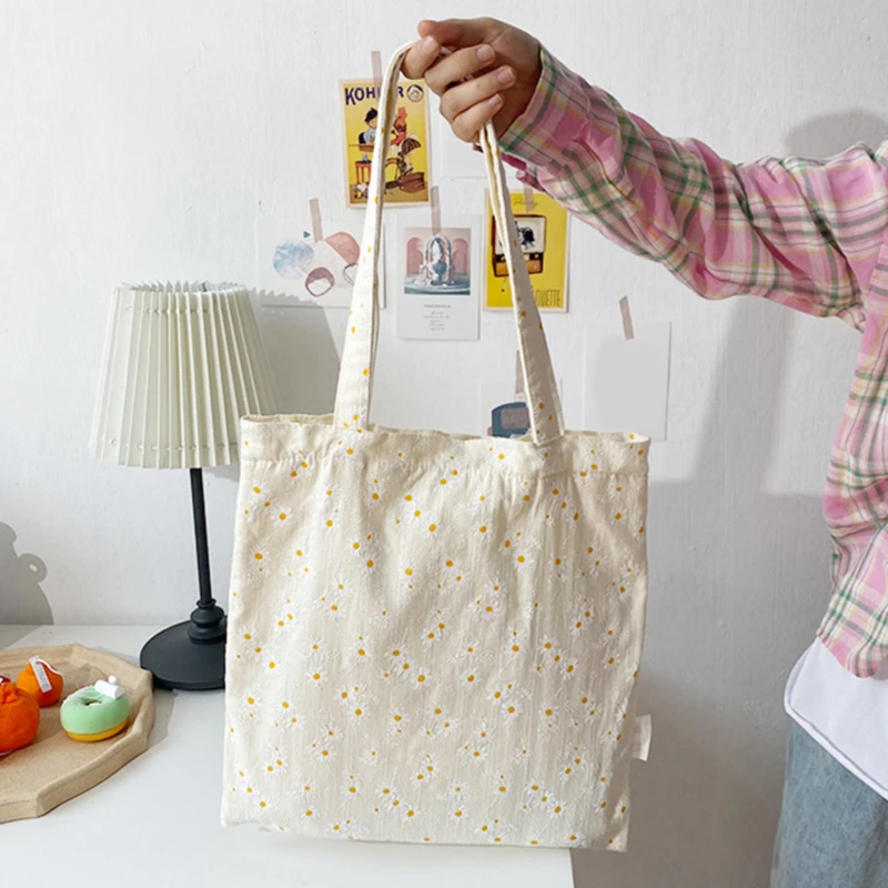 2020 Women Large Capacity Canvas Bags Eco Reusable Shopping Little Daisies Shoulder Girls Students Casual Handbag Tote | Багаж и сумки