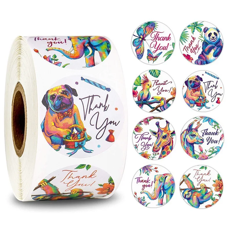 

Patty 500pcs/roll Thank You Sticker Set Cute Animal Flower 25mm Circle Masking Tape for Gift Wrap Decoration Envelope Seal F050