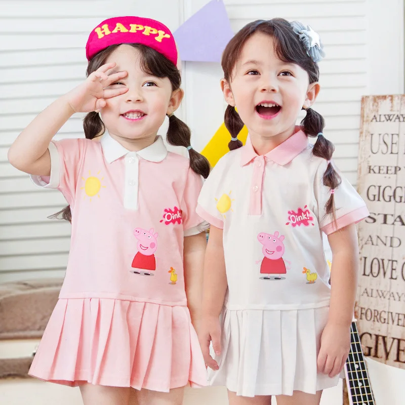

Peppa Pig Summer Children's Dress Pink White Girls' Short Sleeve Shirt Fashion Pleated Dress