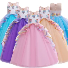 Эксклюзивное Новое кружевное платье для девочек; милое платье с рисунком единорога для девочек; платье принцессы; Повседневная сетчатая Рождественская одежда