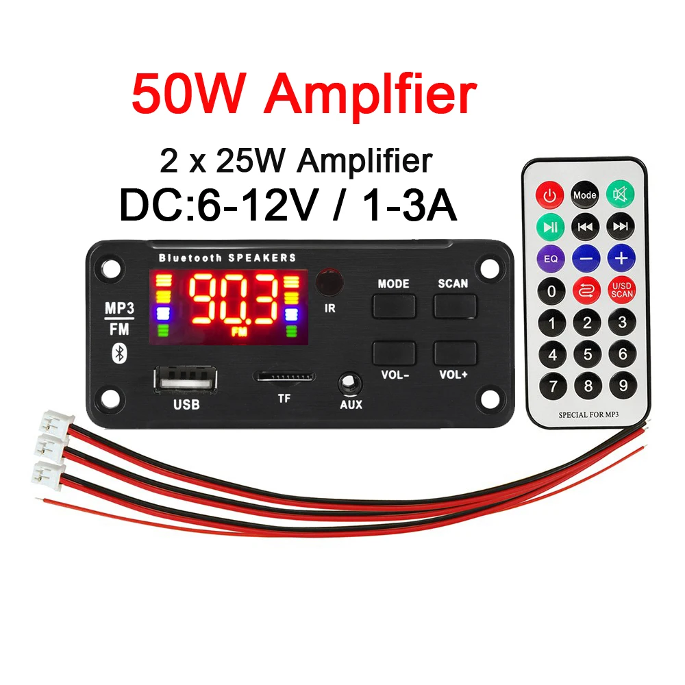 50W Amplifier MP3 Bluetooth Decoder 12V 2*25W Amplifier Car FM Radio Module Support TF USB AUX folder playback Decoding board 
