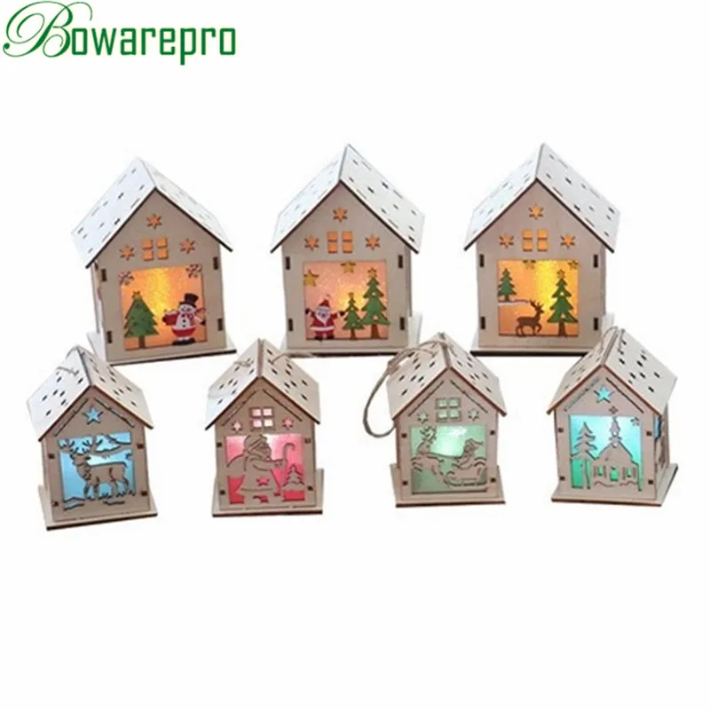 

7PCS New Year Christmas Decor Ornament LED Lights Deer Cart Luminous Wooden House Mall Window For Home Kerst Holiday Decoration
