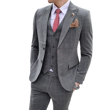 

2020 Spring Plaid Slim Fit Three Piece Suit Set / Men's Blazers Jacket Coat Vest Pants Trousers Waistcoat British Style Dress