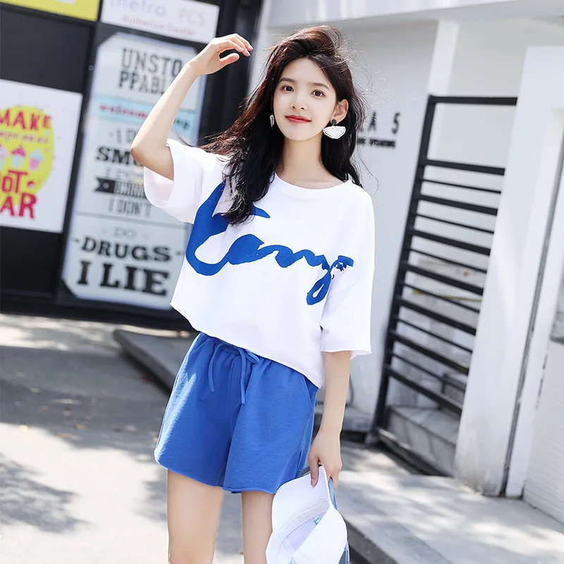 

2019 Summer New Style Simple Printing Short-sleeved T-shirt Loose-Fit Casual Shorts Two-Piece Set INS Super Fire Sports Set