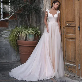

Thinyfull New Boho Wedding Dresses Cap Sleeve Tulle Lace Appliques Illusion Beach A-Line Mariage Gowns Princess Vestidos Boda
