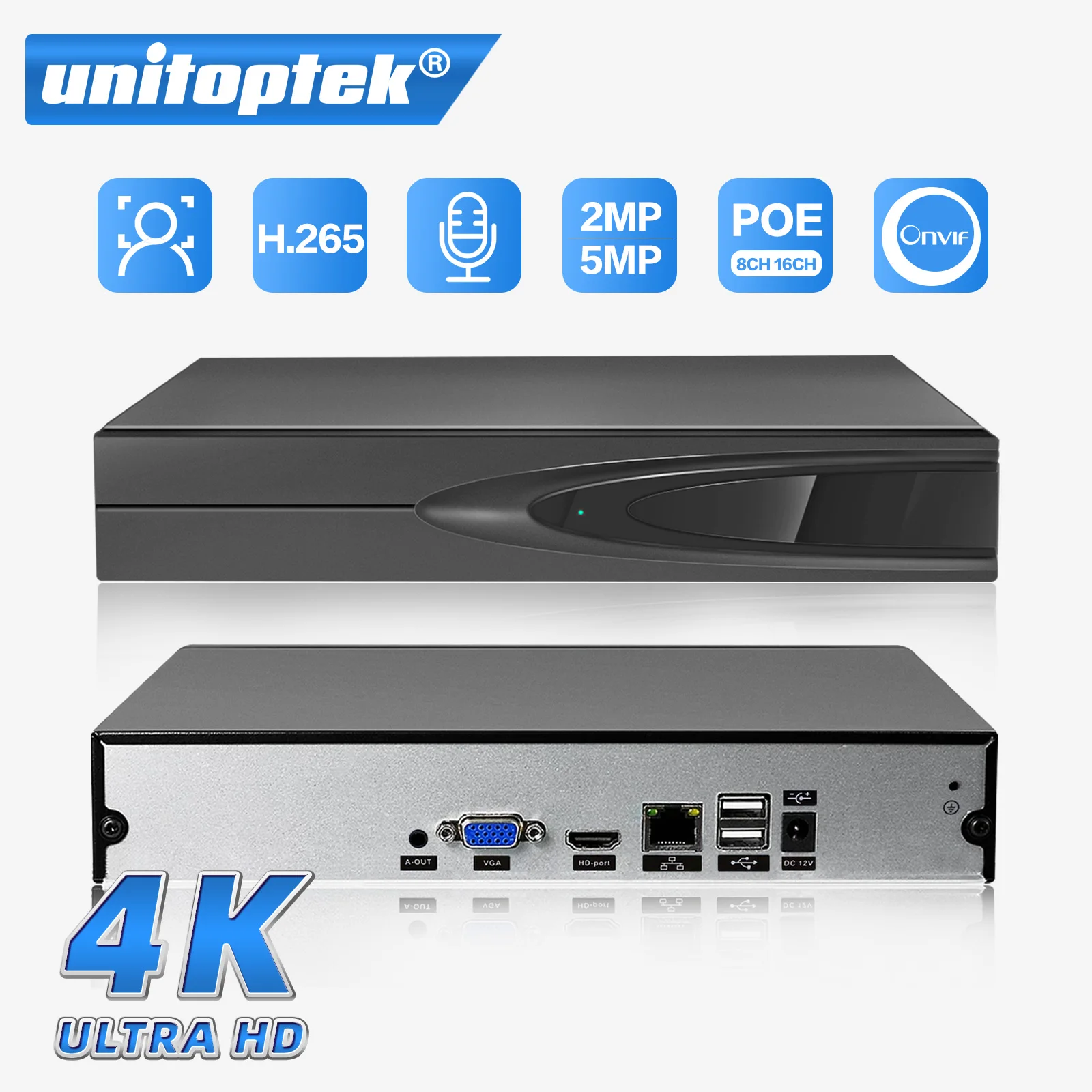 H.265 HEVC-grabador de vídeo de red de metal P2P para sistema CCTV, 8 canales, 16 canales, cctv, NVR para cámara IP de 8MP/5MP/4MP/3MP/2MP ONVIF 2,0