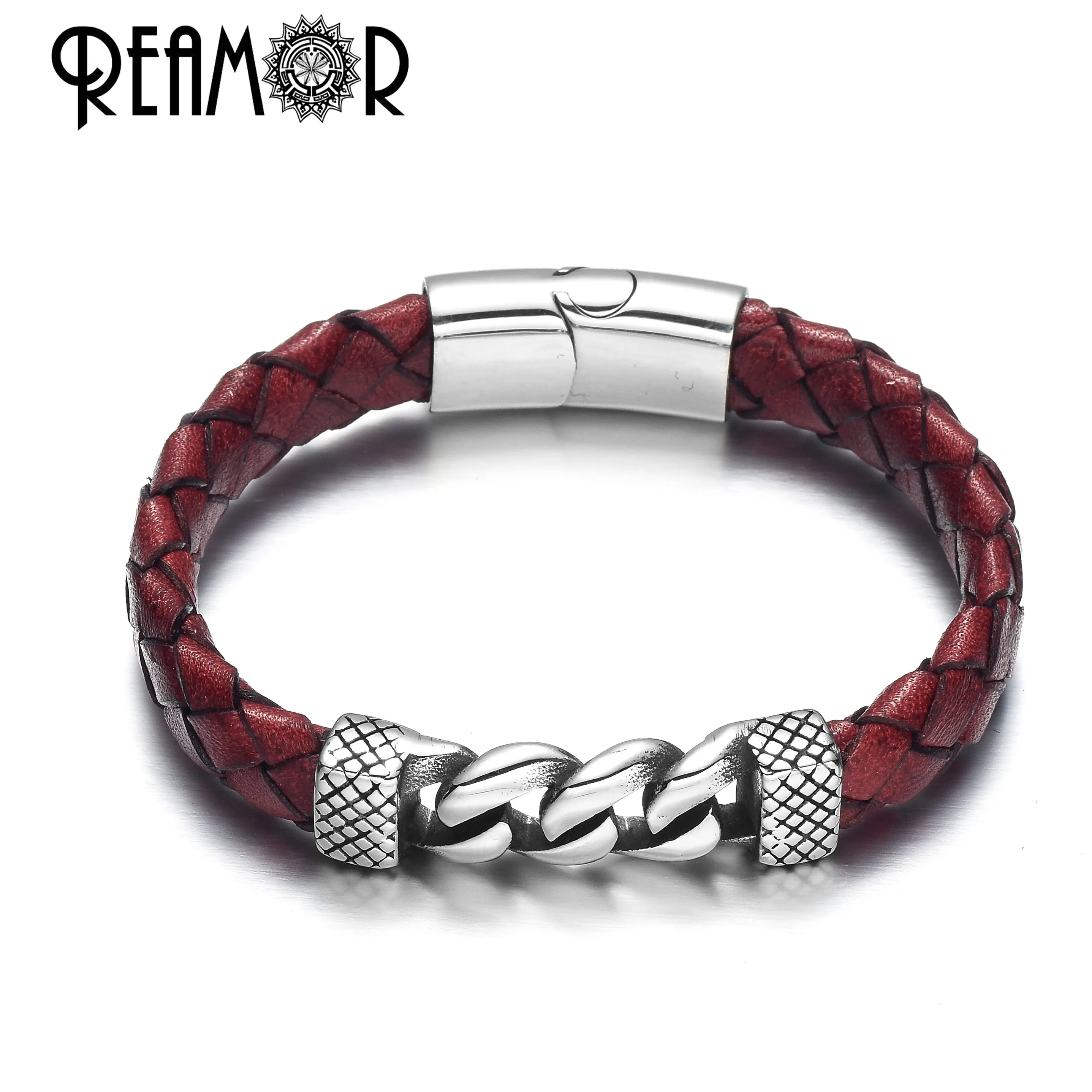 REAMOR, классические браслеты из нержавеющей стали, мужской модный красный браслет из натуральной кожи, браслеты, подарок, мужские ювелирные изделия - Окраска металла: BS040