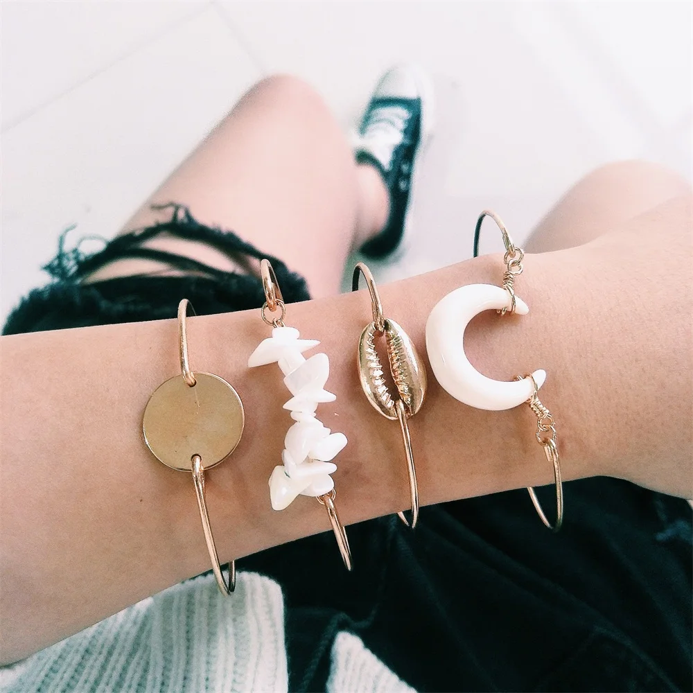 

4 Pcs/set Lady Bracelets Irregular Gem Moon Shell Geometric Gold Bracelet Set Bohemian Fashion Party Wedding Jewelry Accessories