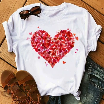 

Maycaur New Women T Shirts Fashion Flower Heart Printed Shirts Summer Cute Short Sleeves Tops Tees Korean Style Female Clothes