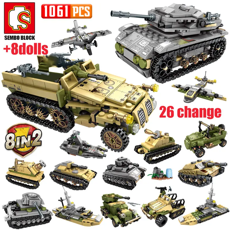 SEMBO 1061Pcs WW2 Deformation War Chariot Building Blocks Military Electric Tank Army Soldiers Figures Bricks Toys for Boys | Игрушки и