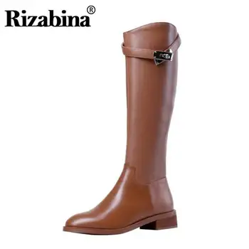 

RizaBina Genuine Leather Knee High Boots For Women Winter Metal Buckle Fashion Party Flats Shoes Women Long Boots Size 34-39