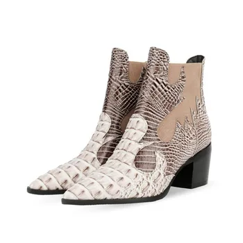 

Cossacks Mixed Colors PU Leather Cowboy Ankle Boots Women Wedge High Heel Booties Snake Print Western Cowgirl Boot 2020 Female